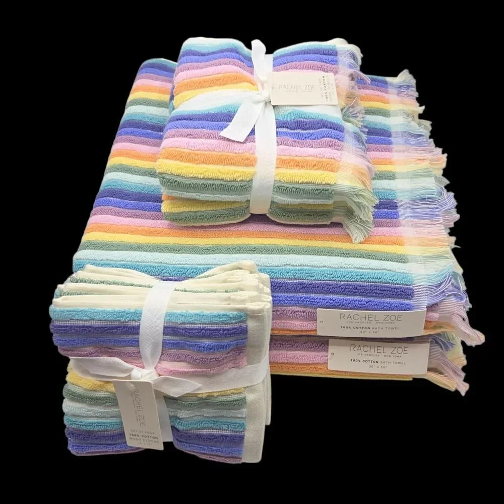 Rachel Zoe 8pc Rainbow Striped Fringe Cotton Towel Set 2 Bath 4Wash 2Hand Multi